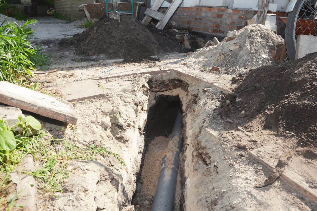 Drain Bros llc shows residential excavation with a pipe installation project in progress outside a building.