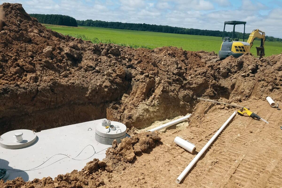 Drain Bros llc installs a new septic system at a work site, using equipment and careful digging to get the job done right.