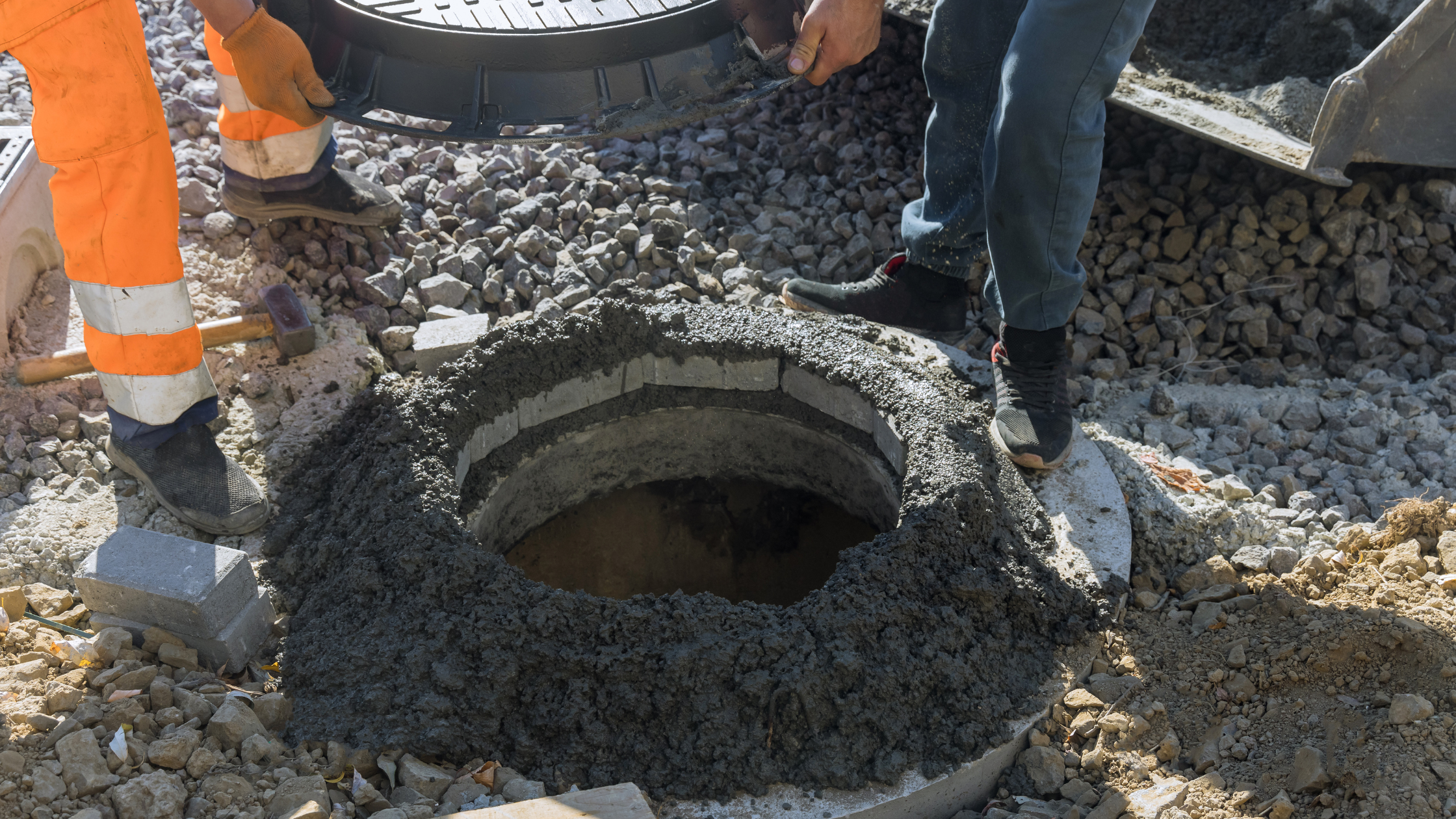 Drain Bros llc workers fix a manhole cover as part of a home excavation project to improve safety and access.