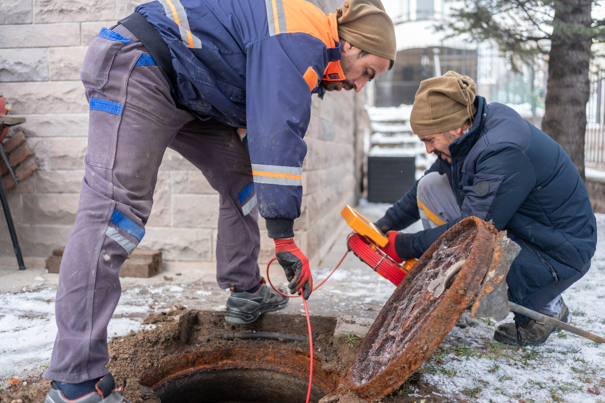 Drain Bros llc workers check a manhole during winter, showing teamwork and care in drainage system installation.