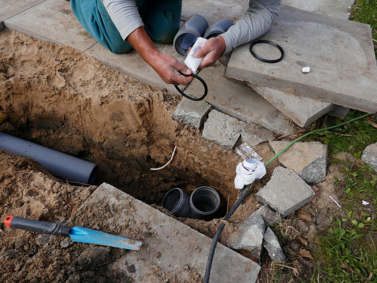 A Drain Bros llc worker installs pipes in the ground, showing how drainage systems are set up during yard work.