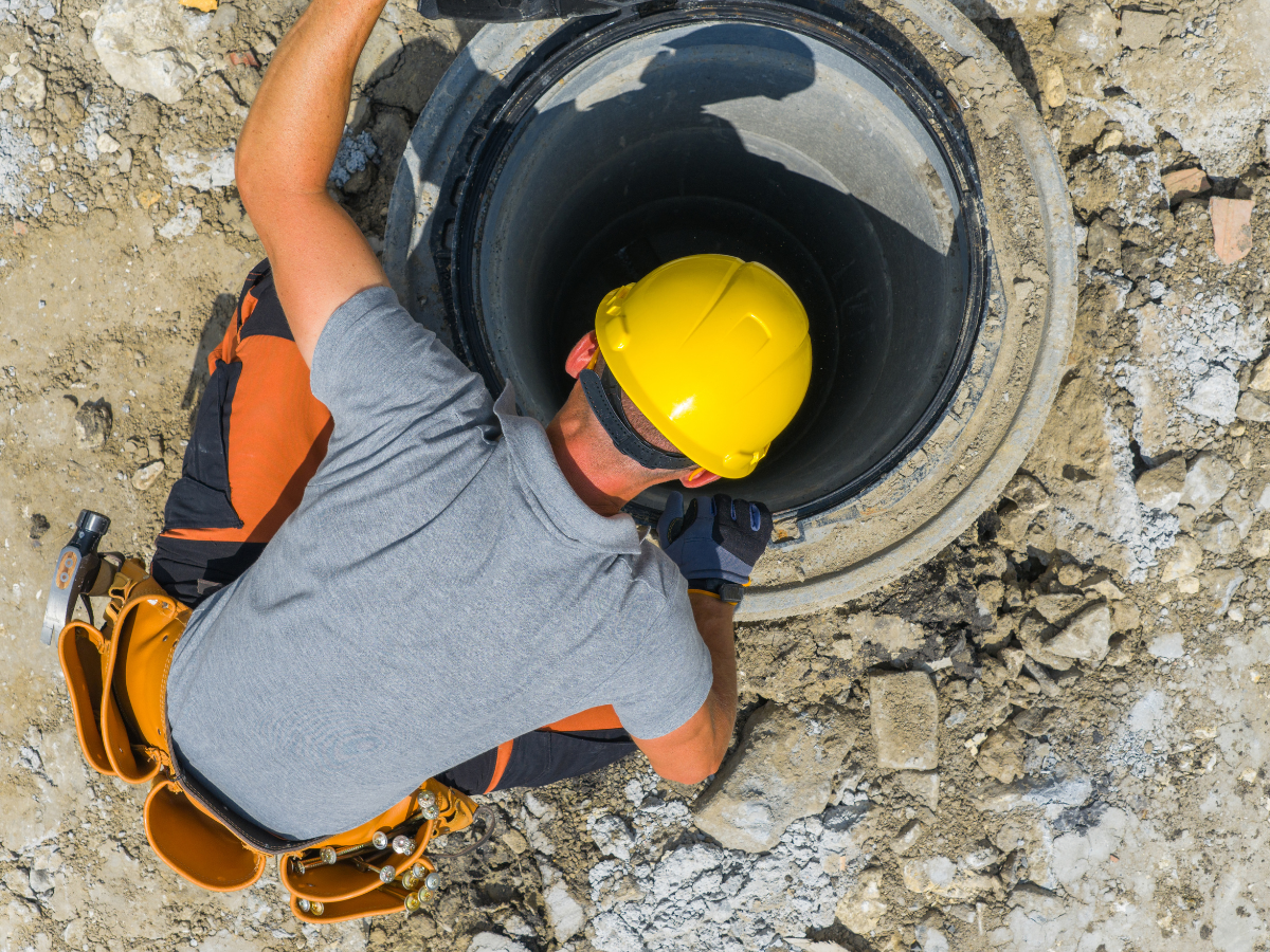 Drain Bros llc expert checks a pipe at a work site, making sure sewer lines are safe and working.