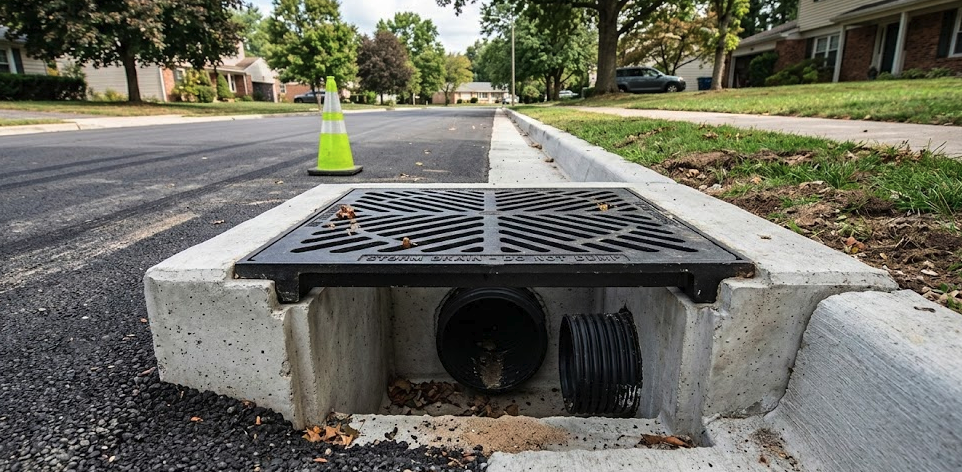 Drain Bros llc installing a storm drain to help keep the neighborhood safe from flooding during heavy rain.