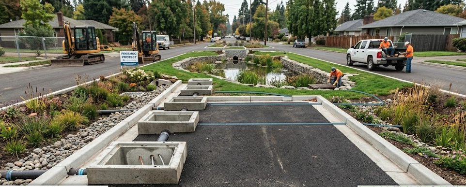 Drain Bros llc team improves stormwater management by installing a new bioswale system on a neighborhood street.