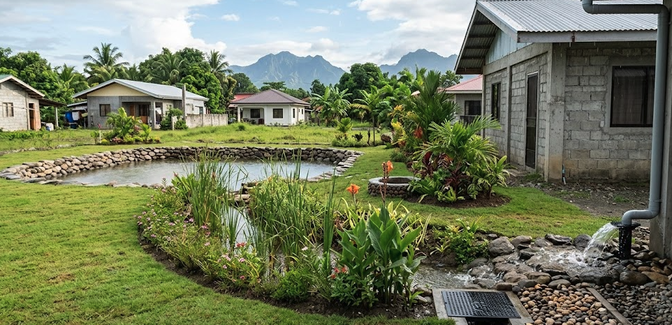 Drain Bros llc shows a great space for drainage systems near homes, with water and green areas to help manage rain runoff.