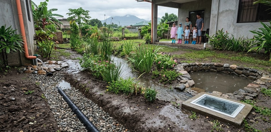 A family enjoys their yard after Drain Bros llc installed a drainage system with landscaping for better water flow.