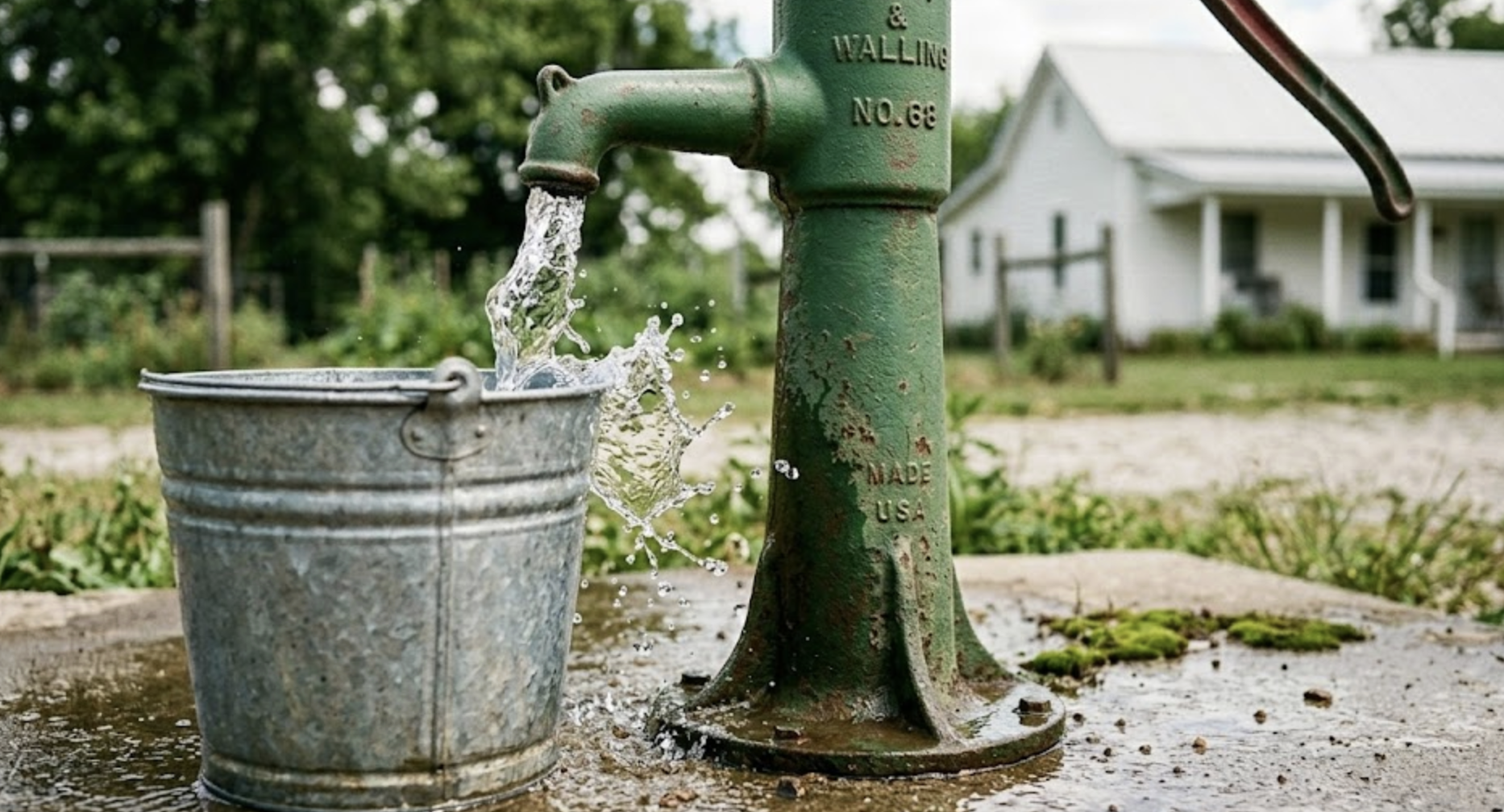 Drain Bros llc shows how good drainage, like with this hand pump, helps keep rural homes safe and dry.