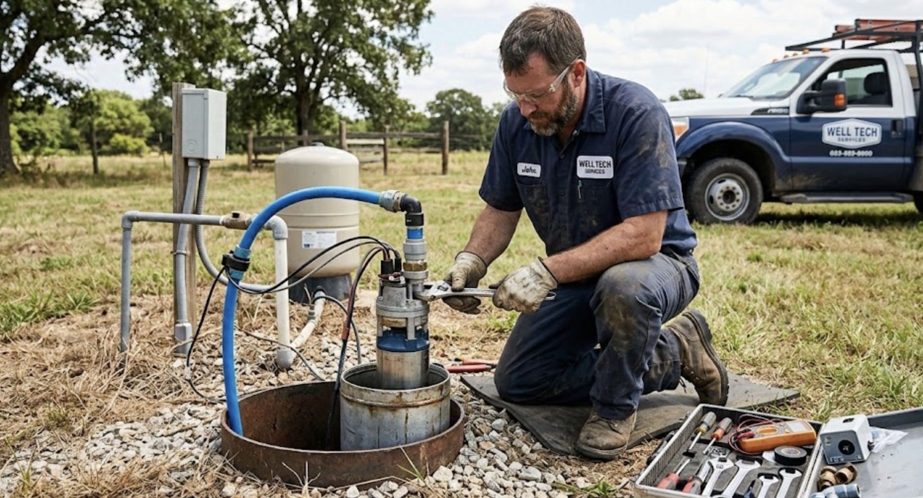 Drain Bros llc technician fixes a water well pump, showing their residential excavation and repair services.