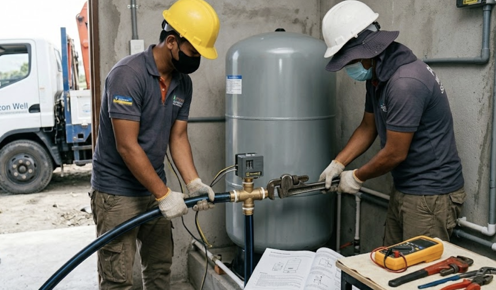 Drain Bros llc workers expertly fix plumbing by a large tank, showing skill and teamwork with tools and a manual.