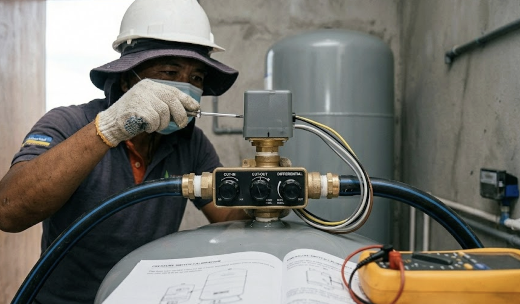 A Drain Bros llc worker fixing a sewer problem indoors using tools and instructions for emergency repair.