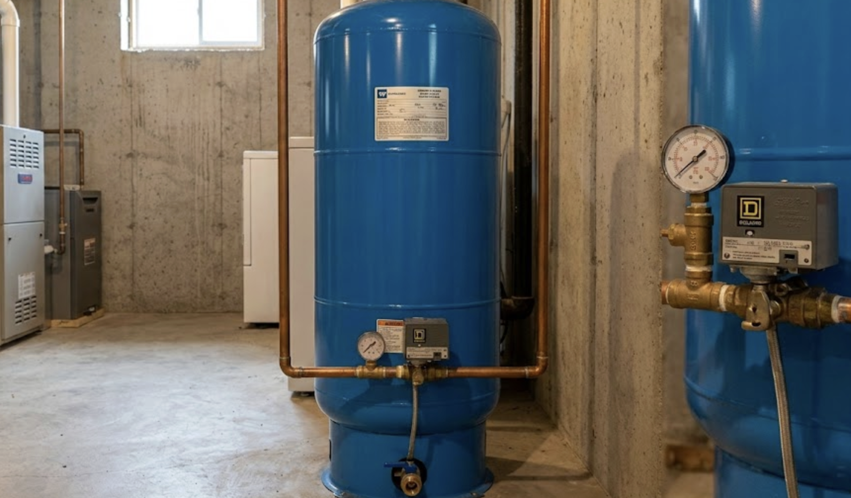 Drain Bros llc basement drainage system shows a sturdy setup, highlighting professional well pressure tank installation.