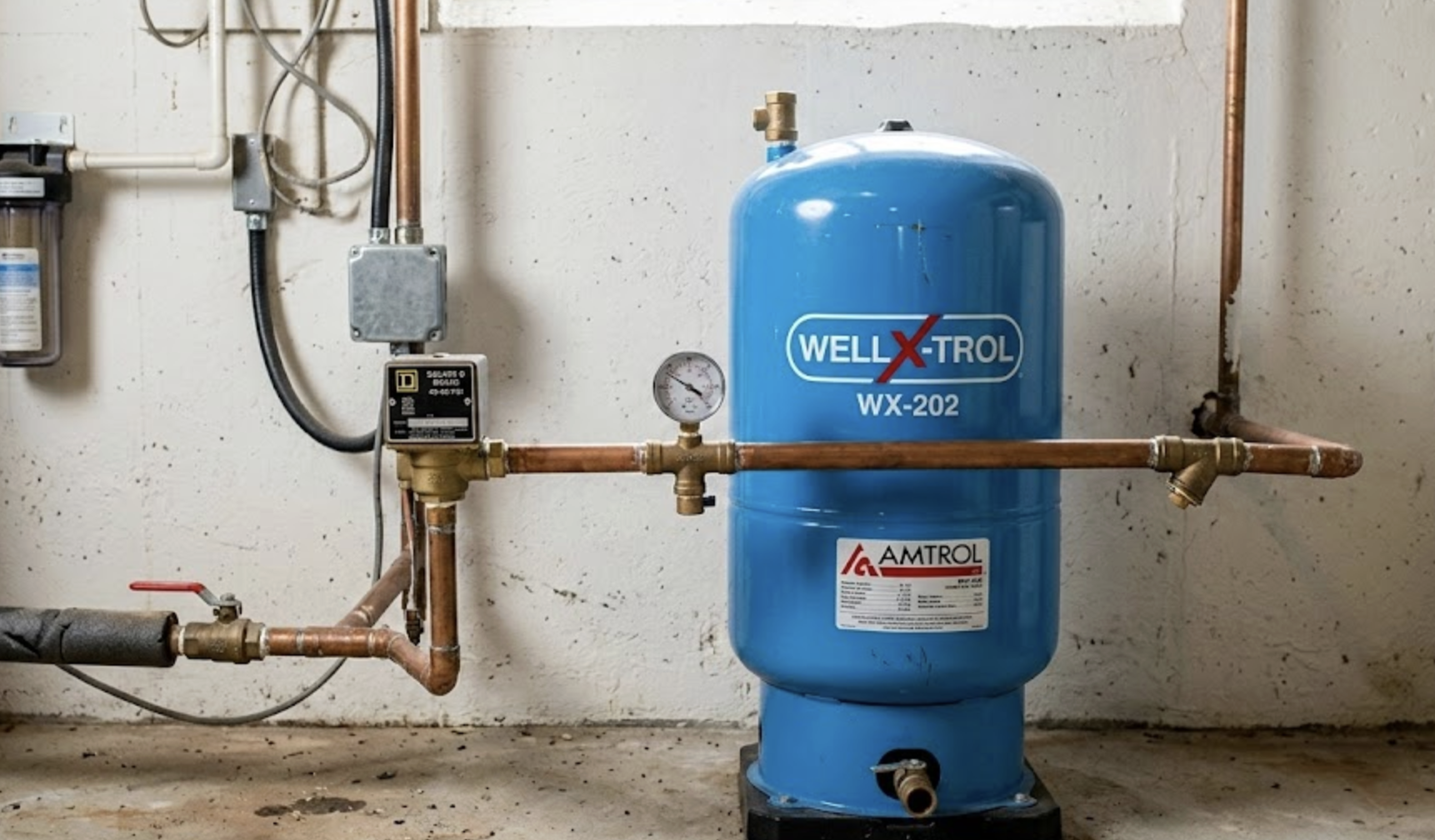 Drain Bros llc shows a Well-X-Trol tank with pipes and gauge as part of a basement drainage system installation.