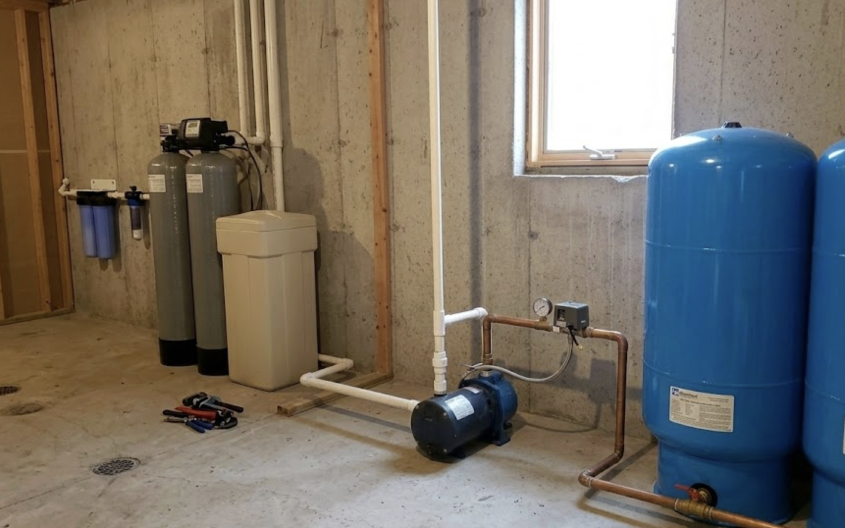 Drain Bros llc helps homes with clean water and drainage needs, showing where new systems can be set up in a basement.