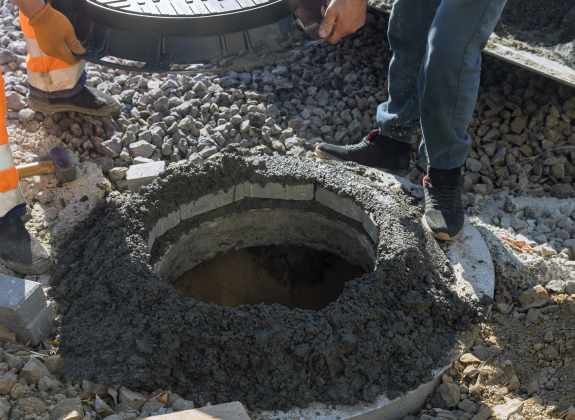Drain Bros llc workers fix a manhole cover as part of a home excavation project to improve safety and access.